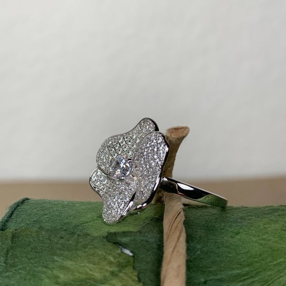 NEW Size 8 Real Silver (not plated) & Pave CZ Flower Ring - Picture 6 of 11
